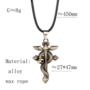 Vintage stainless steel cross necklace with snake pendant on black wax rope cord