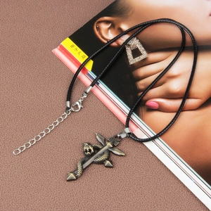 Gothic snake wrapped around sword cross pendant necklace with black braided cord