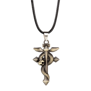 Vintage bronze snake wrapped around cross pendant with black rope chain for men