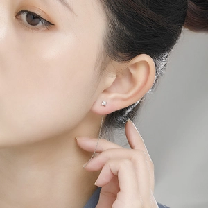 Close-up of s925 silver long chain earrings featuring a square gemstone on female ear