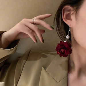 Vintage Red Fabric Rose Flower Artificial Pearl Long Tassel Ear Thread Earrings With 925 Sterling Silver Earring Post Alloy For Women