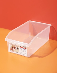 Translucent plastic kitchen storage box with large U-shaped opening and bottom rollers