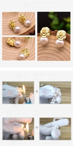 Detail of handmade golden flower earrings with natural pink Edison pearl drop