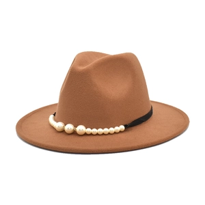 Detail of brown wool fedora hat featuring a black band with elegant pearl embellishments