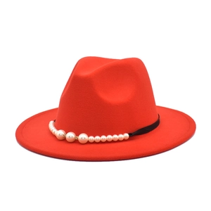 Red wool felt jazz fedora hat with elegant black pearl and rhinestone decorative band