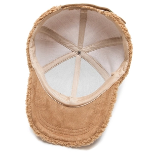 Interior detail of camel fleece baseball cap showing 6-panel structure and lining