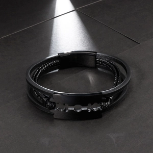 Men's multilayer braided leather bracelet with stainless steel razor blade charm pendant