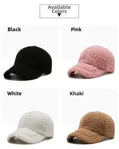 Close-up of thick teddy fleece baseball caps in black, pink, white, and khaki colors