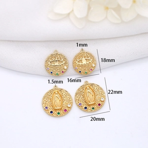 Size chart showing 14K gold plated copper pendants with cubic zirconia religious patterns