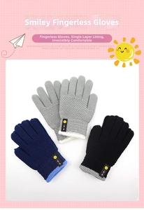 Detail of winter knit gloves for kids featuring smiley patches and single-layer lining