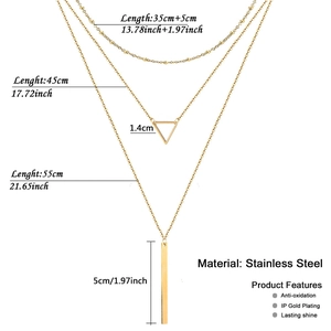 Three-layer stainless steel gold necklace with geometric triangle and bar pendants