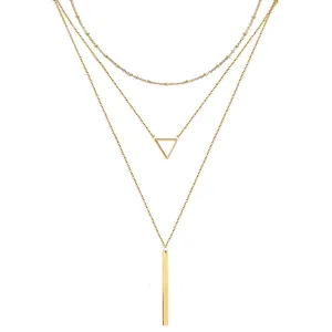 Triple Layered Stainless Steel Necklace Geometric Hollow Triangle And Vertical Bar Pendant Minimalist Jewelry For Women