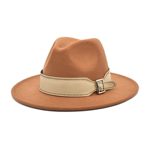 Caramel brown wide brim wool fedora hat with cream leather strap and metal buckle