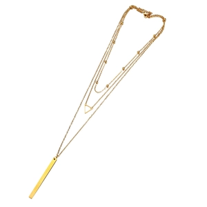 Three-layer stainless steel necklace featuring geometric triangle and bar pendants in gold