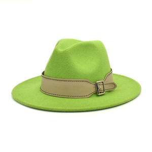 Close-up of neon green wool fedora hat with khaki leather strap and silver buckle