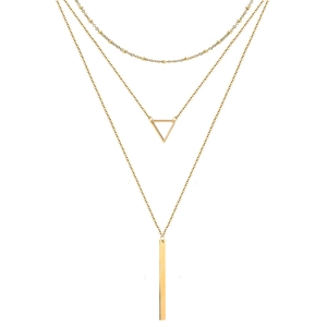 Detailed view of triple-layered gold geometric necklace with triangle and bar pendants