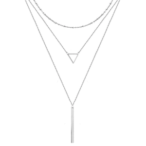 Three-layer stainless steel necklace featuring geometric triangle and bar pendants