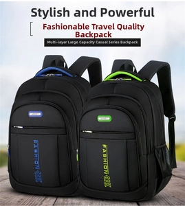 Detail view of Oxford cloth backpack with multi-layer zippers and side mesh pockets