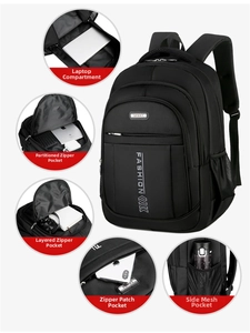 Detail view of Oxford fabric backpack featuring laptop compartment and storage partitions