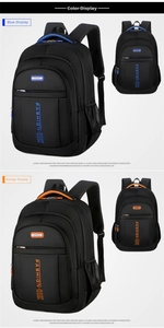 Dual view of large capacity Oxford backpack in blue and orange with side mesh pockets