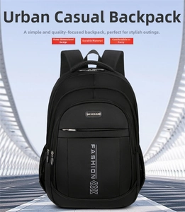 Front view of black Oxford cloth backpack featuring sport label and side mesh pockets