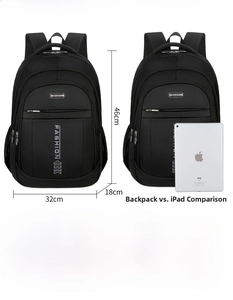 Waterproof Oxford backpack size 46x32x18cm compared with iPad for capacity display