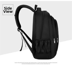 Side view of multi-compartment black oxford business backpack with mesh water bottle pocket