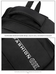 Detail of padded handle and fashion print on durable black oxford cloth backpack