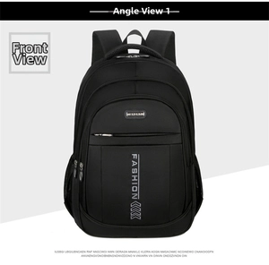 Detail of black oxford laptop backpack featuring SPORT badge and FASHION reflective print