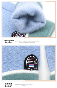 Detail of warm winter knitted gloves showing soft plush fleece lining and shield patch