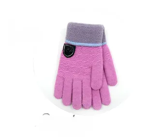 Detail of warm pink knitted glove with classic shield label and colorful ribbed cuff