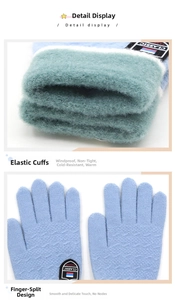 Detailed view of elastic cuffs and classic label on warm knitted winter gloves