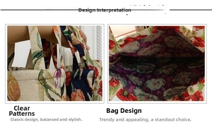 Detail view of vintage tulip jacquard tote bag showing handle and spacious inner lining