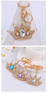Detailed close-up of golden crown keychains with blue and purple inlaid rhinestones