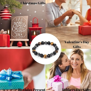 Tiger eye and obsidian stone energy bracelet presented in various holiday gift settings