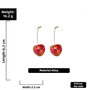 Detailed view of cherry resin earrings with alloy material specs and size measurements