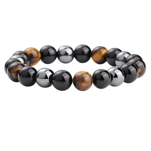 Natural tiger eye, obsidian, and hematite beaded bracelet for men and women on white background