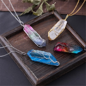 Tree of Life wrapped natural crystal point pendant necklace in four vibrant colors