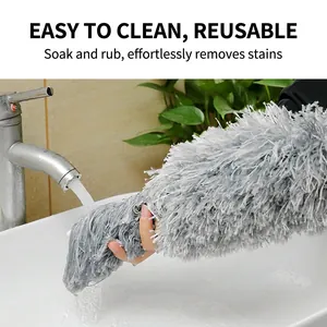 Washable grey chenille microfiber cleaning duster with extendable pole for household use
