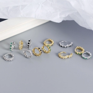 S925 sterling silver huggie earrings with colorful zircon stones in gold and silver