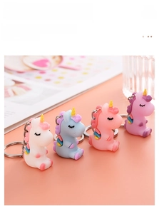 Macro view of unicorn keychains in macaron colors with metal rings and PVC texture