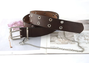 Brown leather punk belt featuring double metal grommets and a stylish silver hanging chain