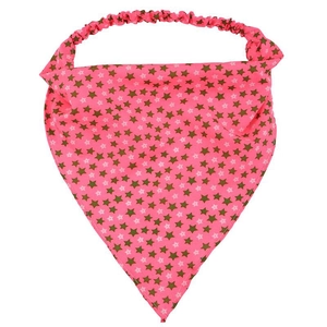 Pink triangular hair scarf with brown star pattern and elastic band on white background