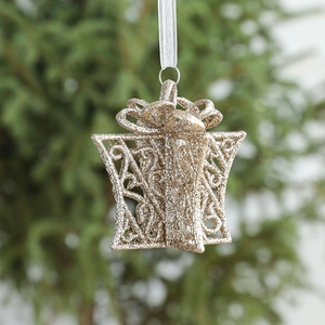 Champagne gold hollow gift box Christmas tree ornament with glitter finish and hanging strap