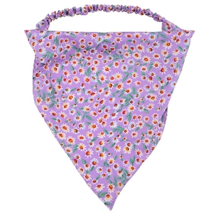 Purple floral triangle headscarf with white daisies and elastic band for women