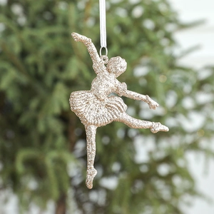 Sparkling ballerina girl Christmas tree ornament in champagne gold with sequins
