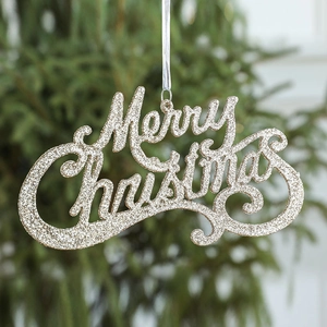 Glittery gold Merry Christmas hanging ornament for festive Xmas tree decorations