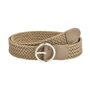 Braided elastic khaki belt with silver round buckle and PU leather trim for women