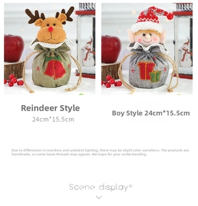 Detail of Santa and reindeer 3D Christmas drawstring gift bags, size 24cm by 15.5cm