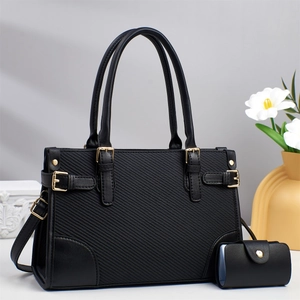 Handbag And Pouch PU Leather Woven Texture Top Handle Shoulder Crossbody Bag Elegant Office Fashion For Women Golden Hardware